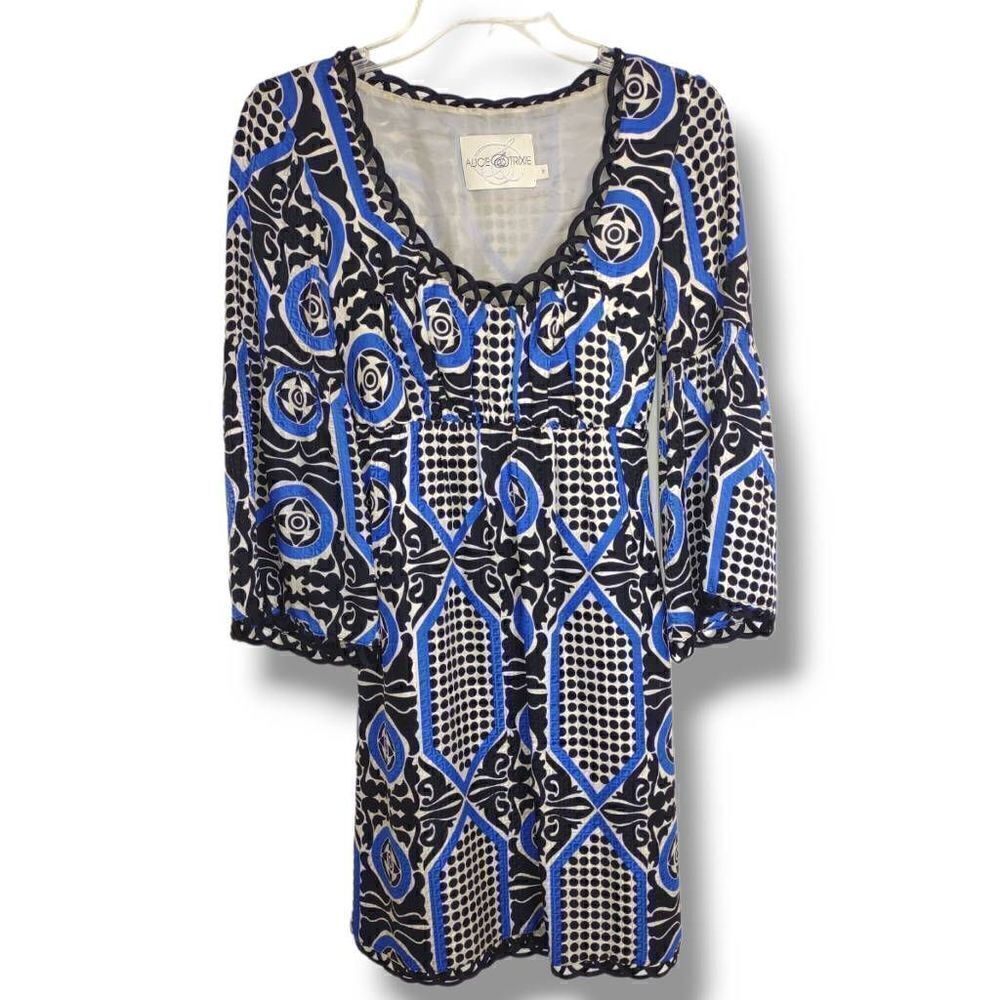 Alice & Trixie Blue Black Silk‎ Dress 3/4 Bell Sleeves Scoop Neck Sz S